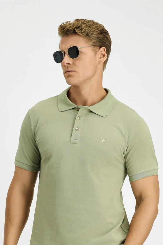 Erkek Giyim - Slim Fit Dar Kesim Pamuk Kıvrılmaz Polo Yaka Tişört