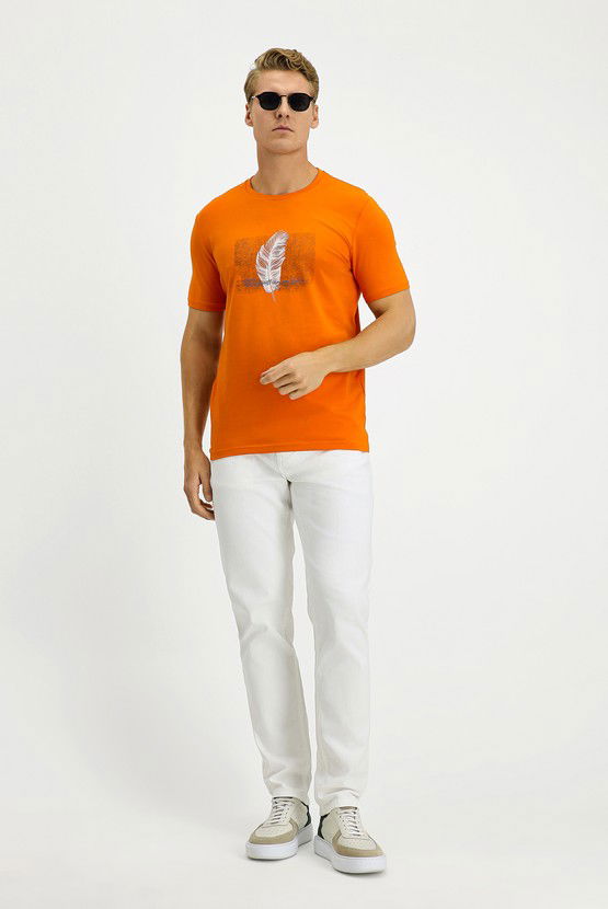 Erkek Giyim - Bisiklet Yaka Slim Fit Dar Kesim Baskılı Pamuklu Tişört