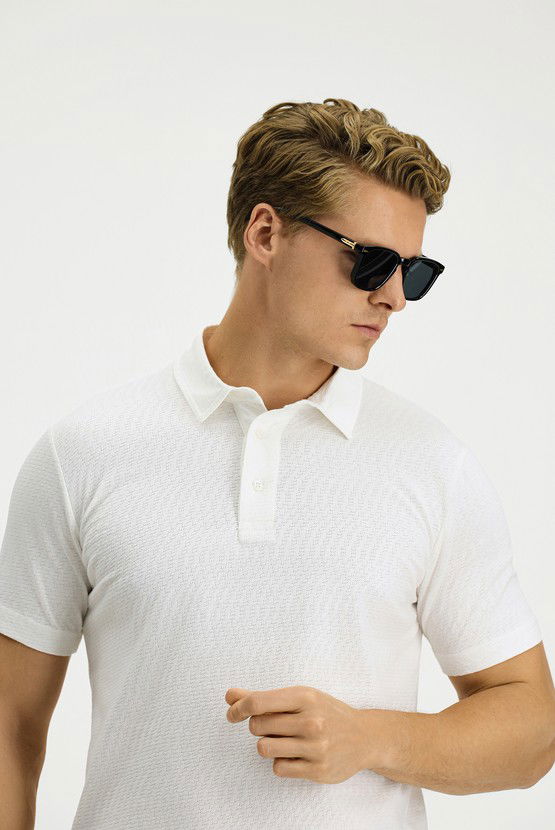 Erkek Giyim - Slim Fit Dar Kesim Pamuk Desenli Polo Yaka Tişört