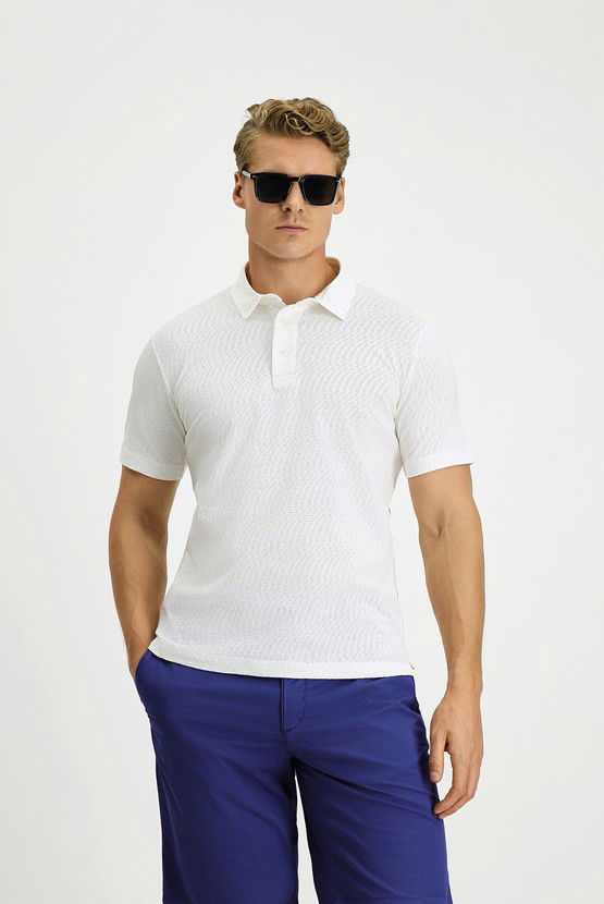 Erkek Giyim - Slim Fit Dar Kesim Pamuk Desenli Polo Yaka Tişört