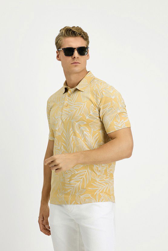 Erkek Giyim - Slim Fit Dar Kesim Baskılı Pamuk Polo Yaka Tişört