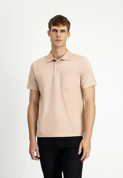 Erkek Giyim - ORTA BEJ 3X Beden Regular Fit Pamuklu Nakışlı Cepli Polo Yaka Tişört