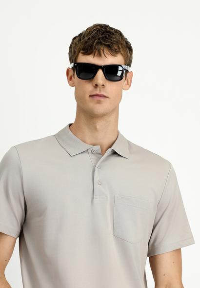 Erkek Giyim - ORTA GRİ 3X Beden Regular Fit Pamuklu Nakışlı Cepli Polo Yaka Tişört