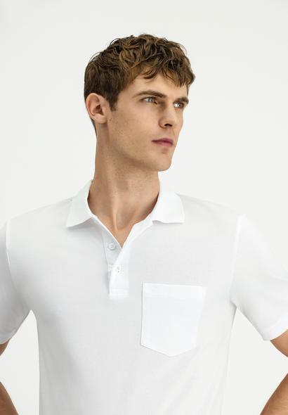 Erkek Giyim - BEYAZ 3X Beden Regular Fit Pamuklu Nakışlı Cepli Polo Yaka Tişört