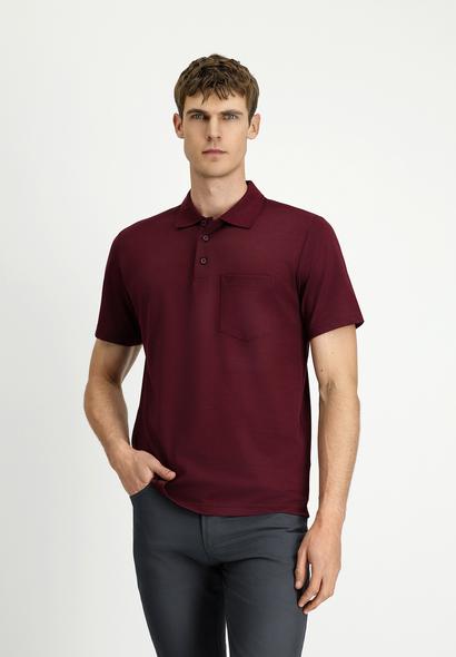 Erkek Giyim - KOYU BORDO 3X Beden Regular Fit Pamuklu Nakışlı Cepli Polo Yaka Tişört