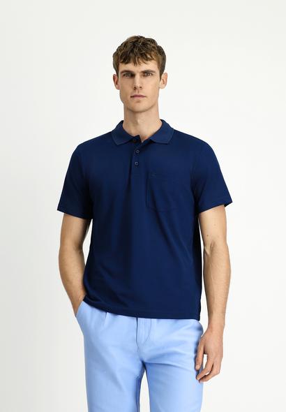 Erkek Giyim - ORTA LACİVERT 3X Beden Regular Fit Pamuklu Nakışlı Cepli Polo Yaka Tişört