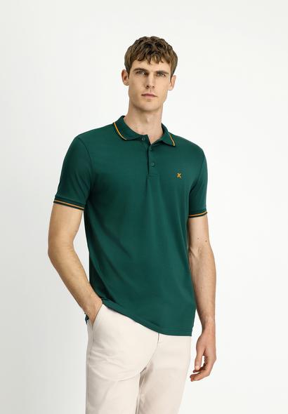 Erkek Giyim - KOYU YEŞİL XXL Beden Polo Yaka Slim Fit Dar Kesim Nakışlı Süprem Pamuklu Tişört
