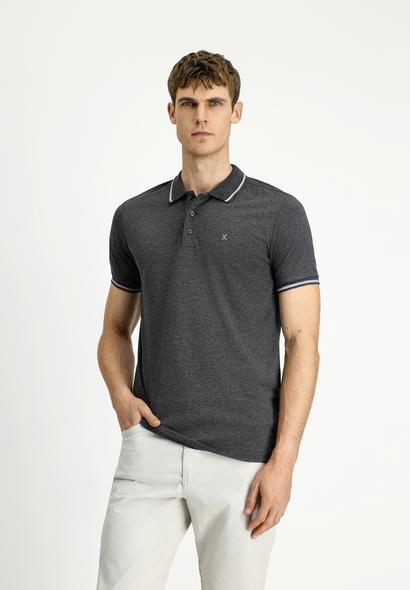 Erkek Giyim - KOYU ANTRASİT 3X Beden Polo Yaka Slim Fit Dar Kesim Nakışlı Süprem Pamuklu Tişört