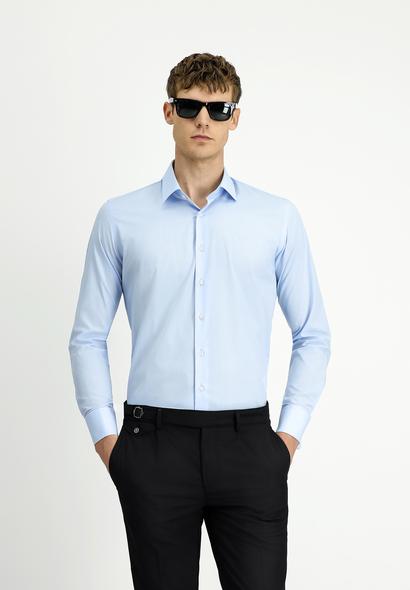Erkek Giyim - AÇIK MAVİ L Beden Uzun Kol Slim Fit Dar Kesim Klasik Manşetli Pamuk Gömlek