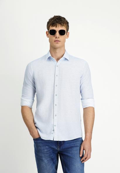 Erkek Giyim - AÇIK MAVİ XXL Beden Uzun Kol Slim Fit Dar Kesim Desenli Spor Pamuk Gömlek