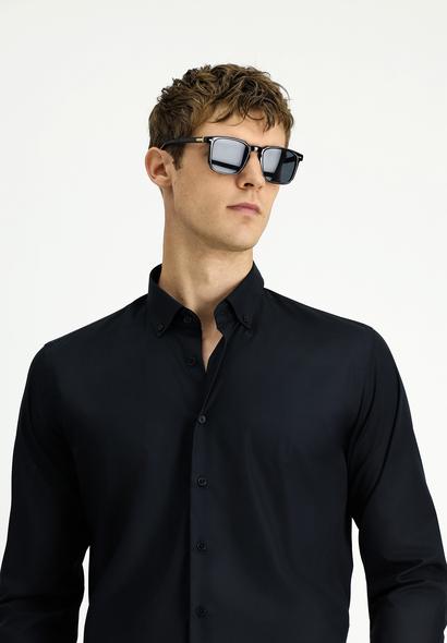 Erkek Giyim - SİYAH M Beden Uzun Kol Slim Fit Dar Kesim Non Iron Ütü Gerektirmeyen Pamuklu Düğmeli Yaka Gömlek