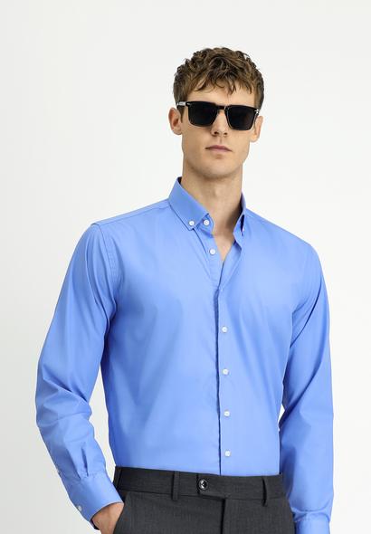 Erkek Giyim - AQUA MAVİSİ 6X Beden Uzun Kol Regular Fit Non Iron Ütü Gerektirmeyen Pamuklu Düğmeli Yaka Gömlek