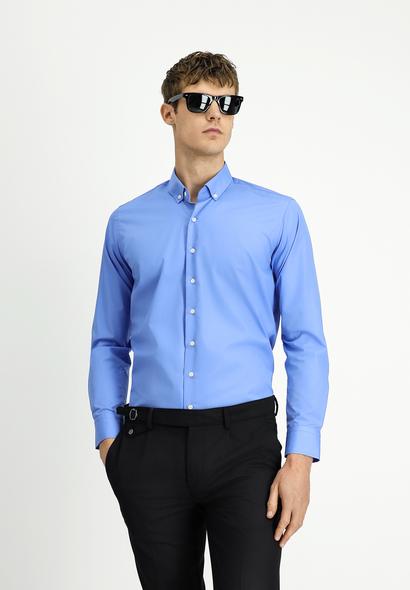 Erkek Giyim - AQUA MAVİSİ M Beden Uzun Kol Slim Fit Dar Kesim Non Iron Ütü Gerektirmeyen Pamuklu Düğmeli Yaka Gömlek