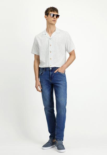 Erkek Giyim - KOYU MAVİ 36 Beden Slim Fit Dar Kesim Likralı Denim Pantolon