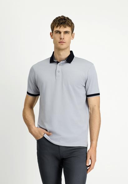 Erkek Giyim - ORTA GRİ L Beden Polo Yaka Regular Fit Desenli Pamuklu Tişört