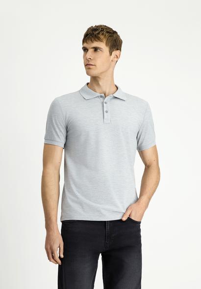 Erkek Giyim - AÇIK GRİ MELANJ 5X Beden Slim Fit Dar Kesim Pamuk Kıvrılmaz Polo Yaka Tişört