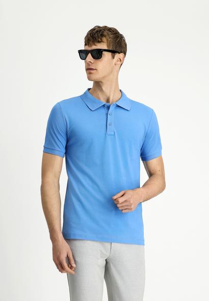 Erkek Giyim - HAVACI MAVİ L Beden Slim Fit Dar Kesim Pamuk Kıvrılmaz Polo Yaka Tişört