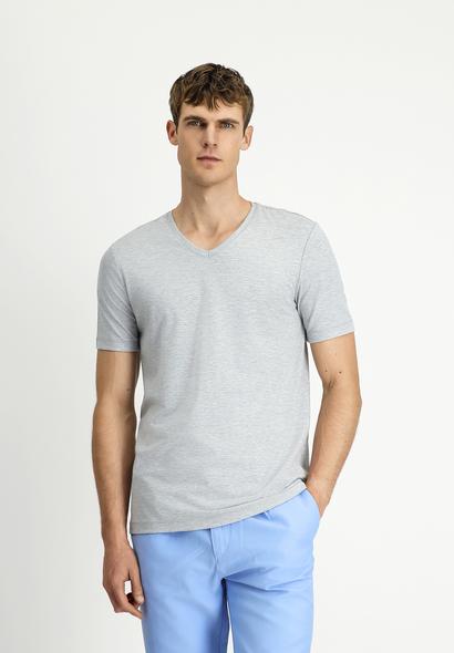 Erkek Giyim - AÇIK GRİ MELANJ 6X Beden V Yaka Slim Fit Dar Kesim Süprem Pamuklu Tişört