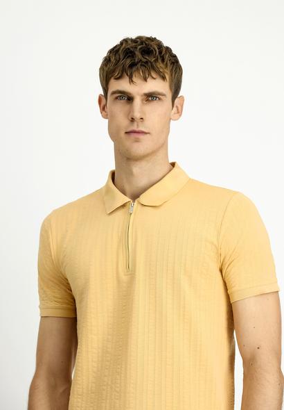 Erkek Giyim - ORTA BEJ 3X Beden Slim Fit Dar Kesim Pamuk Desenli Fermuarlı Polo Yaka Tişört