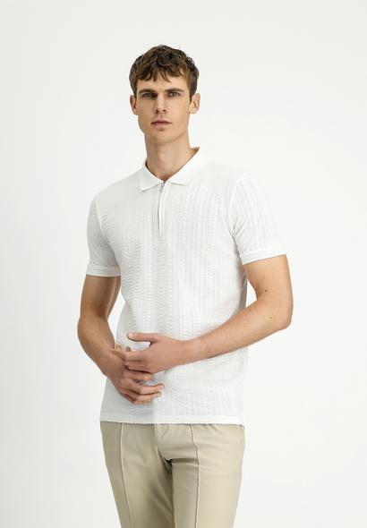 Erkek Giyim - KIRIK BEYAZ 4X Beden Slim Fit Dar Kesim Pamuk Desenli Fermuarlı Polo Yaka Tişört