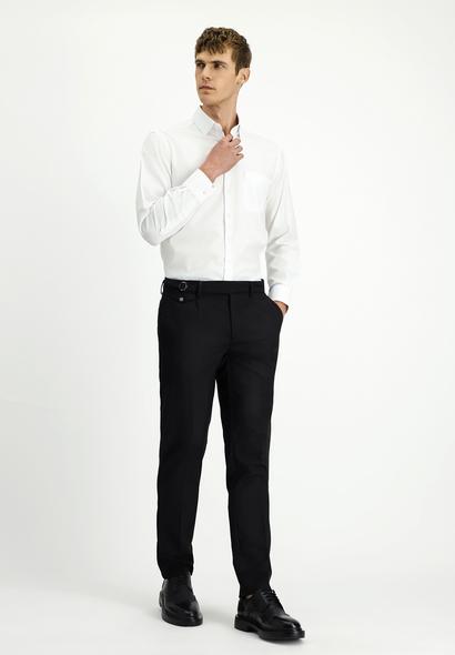 Erkek Giyim - SİYAH 58 Beden Slim Fit Dar Kesim Likralı Desenli Tokalı Pileli Klasik Kumaş Pantolon