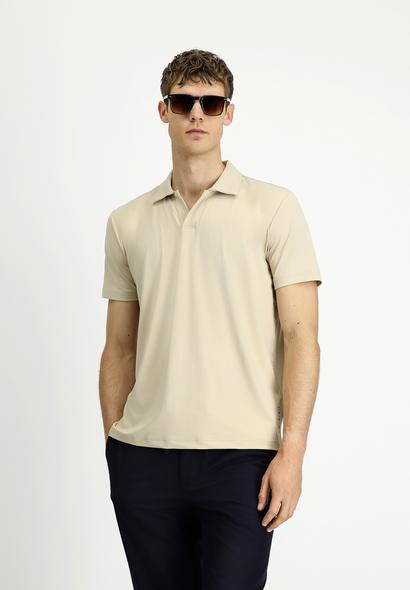 Erkek Giyim - AÇIK BEJ 6X Beden Techno-Line Regular Fit Likralı Baskılı Polo Yaka Tişört