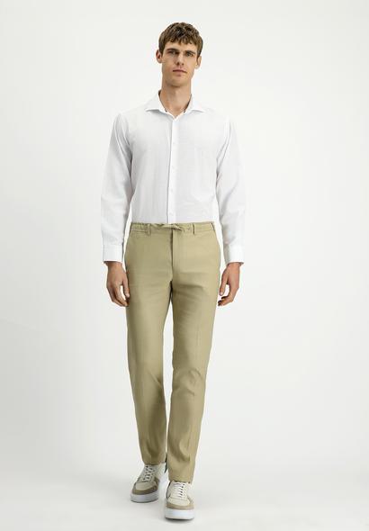 Erkek Giyim - ORTA BEJ 54 Beden Slim Fit Dar Kesim Beli Lastikli İpli Keten Karışımlı Pantolon
