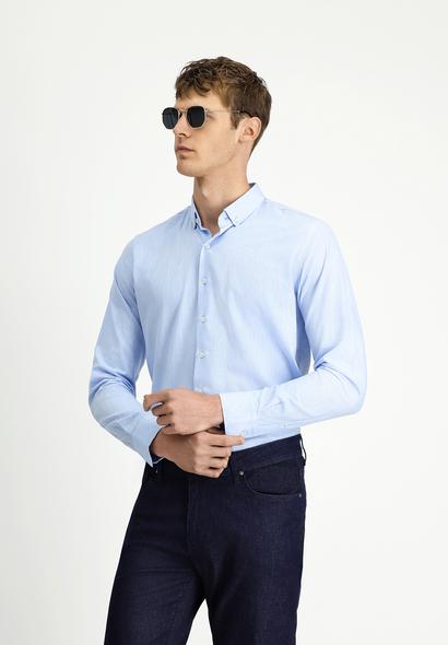 Erkek Giyim - MAVİ 4X Beden Uzun Kol Slim Fit Dar Kesim Pamuklu Keten Karışımlı Düğmeli Yaka Gömlek