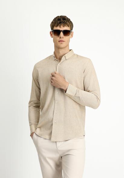 Erkek Giyim - ORTA KAHVE 4X Beden Uzun Kol Slim Fit Dar Kesim Pamuklu Keten Karışımlı Düğmeli Yaka Gömlek