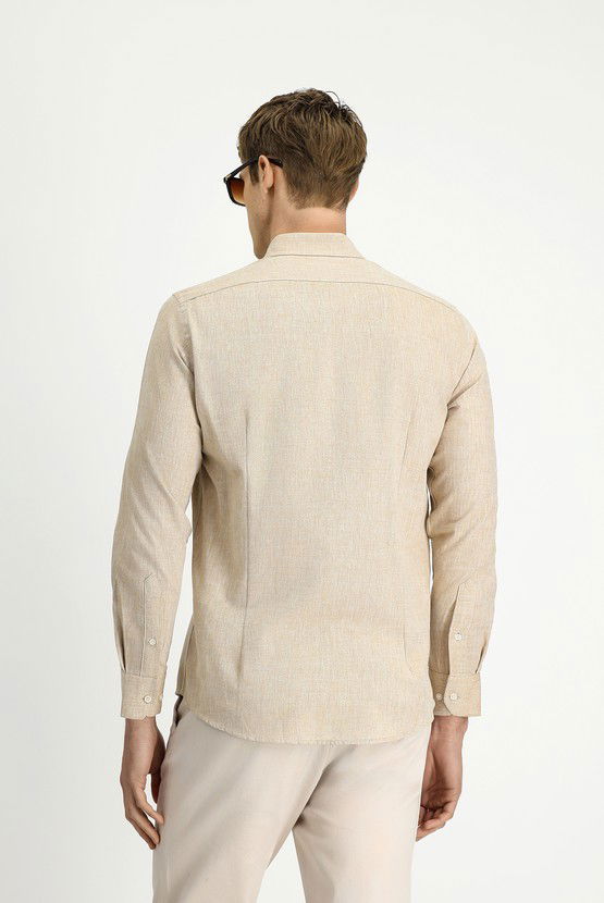 Erkek Giyim - Uzun Kol Slim Fit Dar Kesim Pamuklu Keten Karışımlı Düğmeli Yaka Gömlek