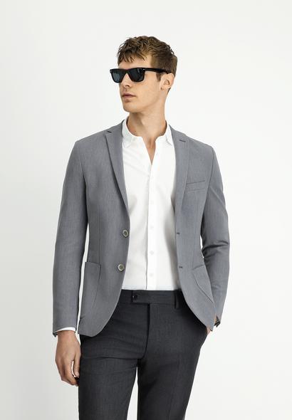 Erkek Giyim - KOYU FÜME 52 Beden Super Slim Fit Ekstra Dar Kesim Gofre Ceket