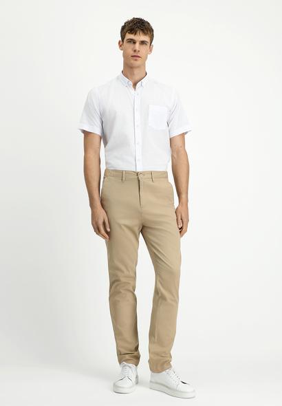 Erkek Giyim - AÇIK BEJ 52 Beden Slim Fit Dar Kesim Beli Lastikli Likralı Kanvas / Chino Pantolon